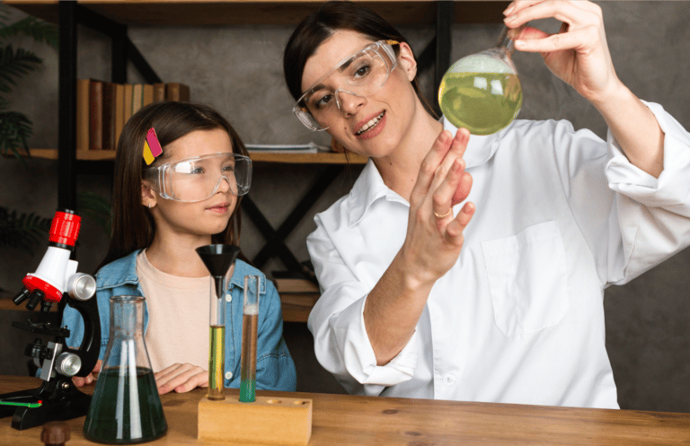 nanny and kid doing science experiment - Northwest Indiana Nannies