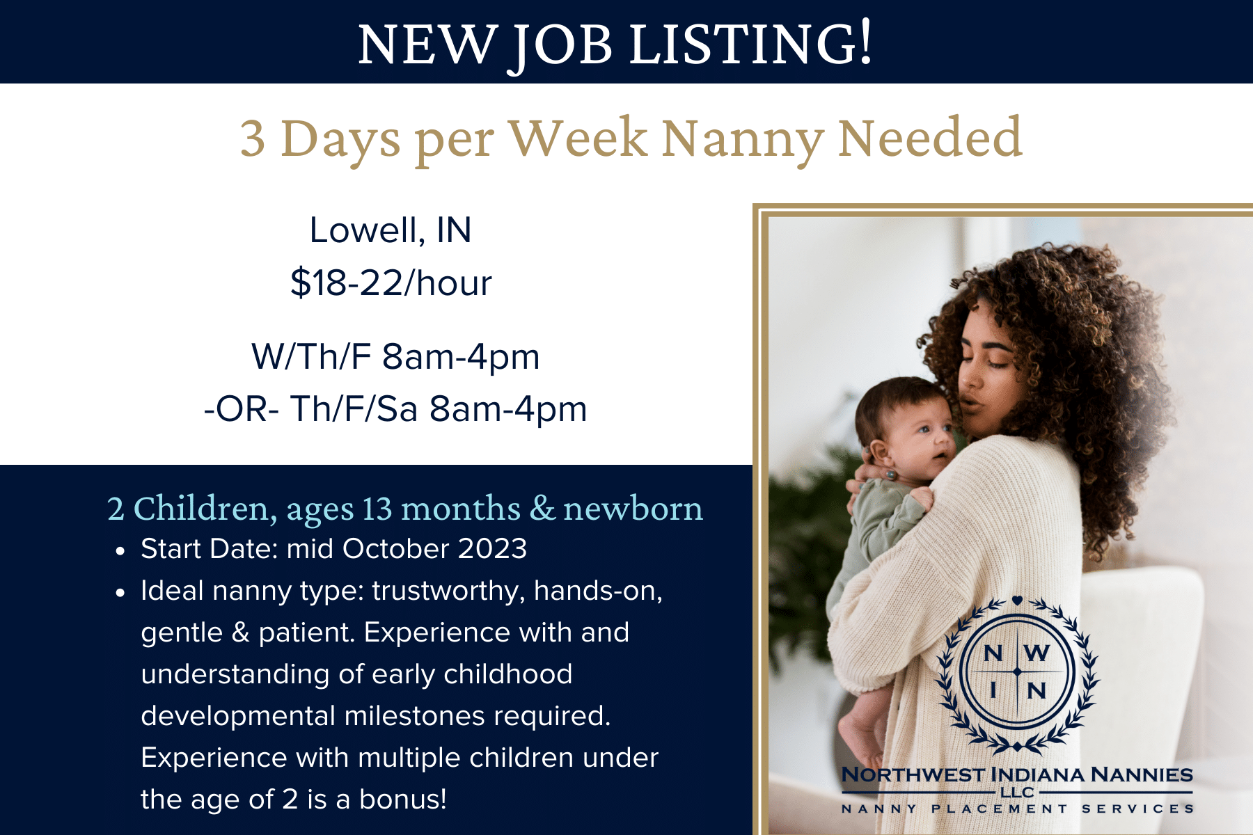 Nanny Position, 3 Days/Week, Lowell, Indiana Northwest Indiana Nannies