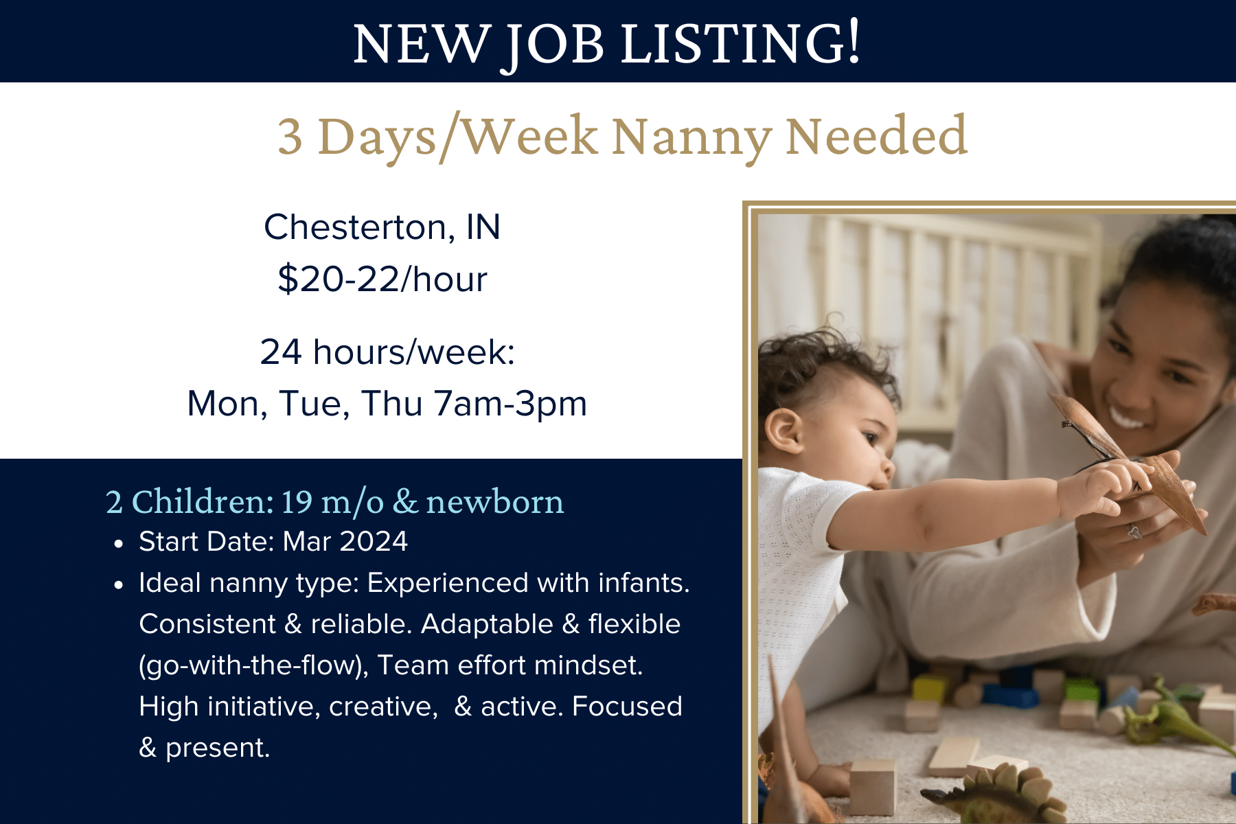 Infant Nanny Chesterton, Indiana, 3 Days/Week Northwest Indiana Nannies